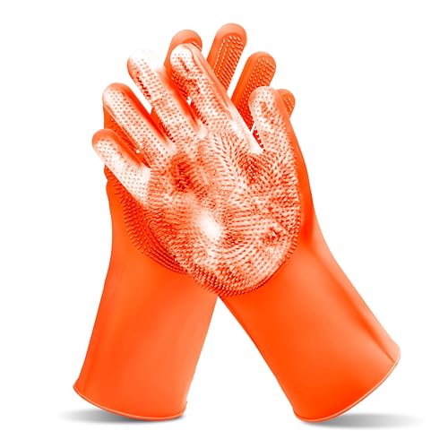 Pet Grooming Gloves—Dog Washing Gloves with High-Density Teeth | Dog Bath Scrubber with Enhanced Five Finger Design, Silicone Gloves for Dogs and Cats Bathing, Massage (Orange) - color: Orange