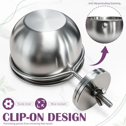 Anti-Tip Bird Bowls for Water and Food, Heavy Duty 304 Stainless Steel Parrot Feeder Cups with Locking Buckle, Bird Cage Accessories for Parakeet Cockatiel Conure Budgie, 12.5oz