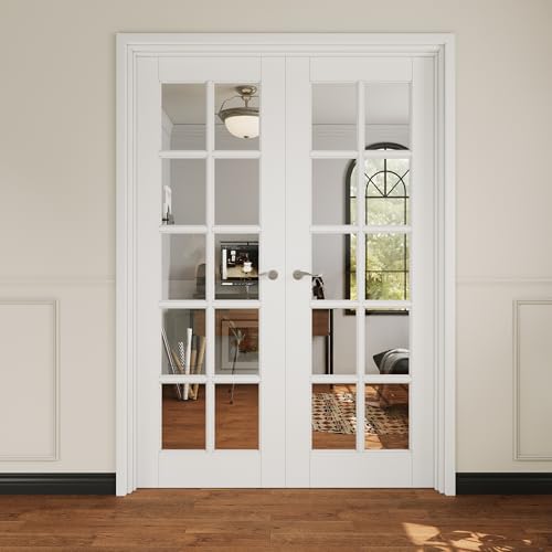 48x80 Interior French Door,10-Lite Clear Glass Doors,Living Room Doors | Satin Nickel Hardware-Privacy Door Lever w/ Lock, Latch&Hinges, Solid Core,Tempered Glass,No PreDrill,Jamb Assembly Required - color: 10 Lite, Silver Hinges, size: 48x80 for 50x82 op