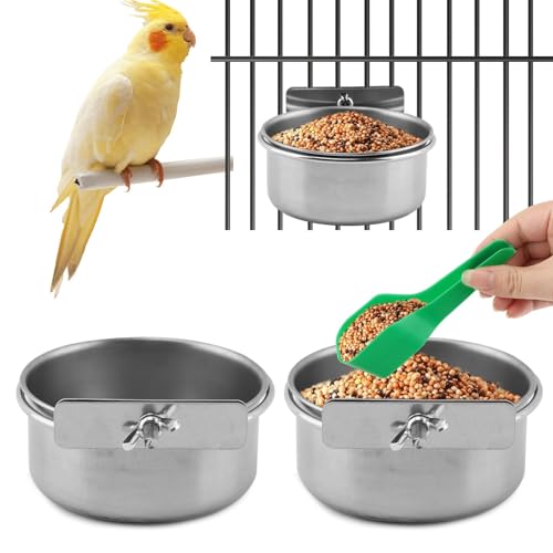 2Pcs Stainless Steel Bird Feeding Bowls with Feeding Spoon,Parrot Food Bowl Cage with Clamp Holder, Parrot Cage Water Feeder,for Cockatiel Parrot Macaw Small Animal Chinchilla