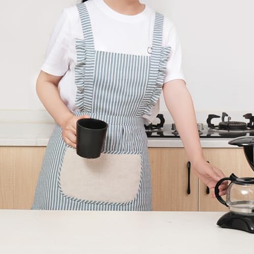 Cute Cotton Apron for Women, Adjustable Bib Cooking Kitchen Aprons with Pockets for BBQ Drawing Baking - color: Blue
