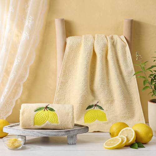 SmoothNovelty 2 Pcs Lemon Hand Towels Yellow Bathroom Decor 14x29 Inch | Embroidered Bathroom Hand Towels, 100% Cotton, Soft Absorbent, Spring Summer Bathroom Kitchen Decor - style: Lemon