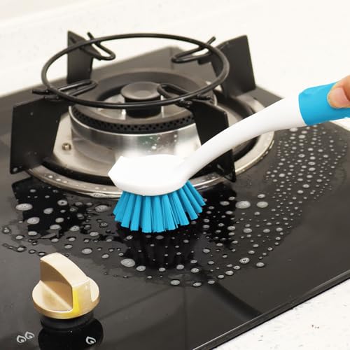 Dish Brush with Handle, 2 Pack Scrub Brushes, Blue | Built-in Scraper, For Cleaning Kitchen, Pots, Pans and Sink, Scrubber Washing Tools - color: Blue