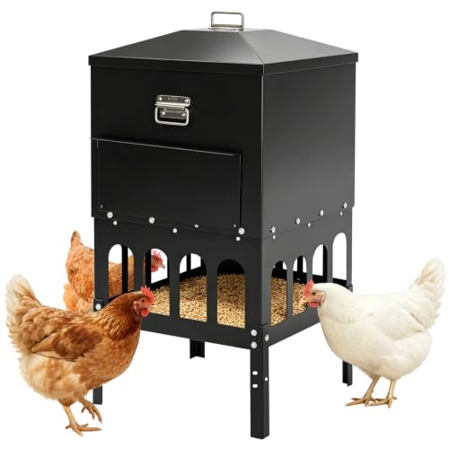 16-Ports Large Chicken Feeder with Grille & Baffle, No Waste Feeder | 80-100LBS Gravity Automatic Feeder with Sloped Roof Lid, Rainproof Heavy-Duty Poultry Feeder for All Poultry
