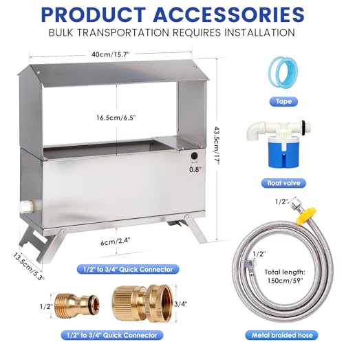 1.6 Gal Automatic Chicken Waterer with Float Valve Kit and Bottom Bracket | Stainless Steel Poultry Waterer Dispenser No Leaks Chicken Coop Accessories for Hen Duck Goose Turkeys