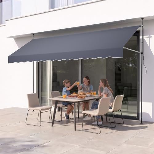 VEVOR Manual Retractable Awning, 157" x 59" Outdoor Patio Awnings Sunshade Shelter with 43"-59" Retractable Side Bar, No Drill Height Adjustable, Crank Handle for Backyard, Balcony, Dark Gray - size: 157x59 in