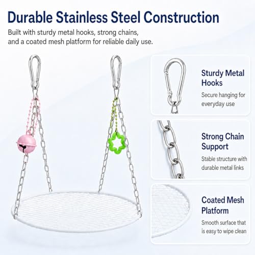 Bird Swing for Parakeets – Durable Stainless Steel Hanging Bird Perch Toy, Fits Bird Cages, Compatible with Budgies, Lovebirds, Cockatiels (Round S) - size: Round S