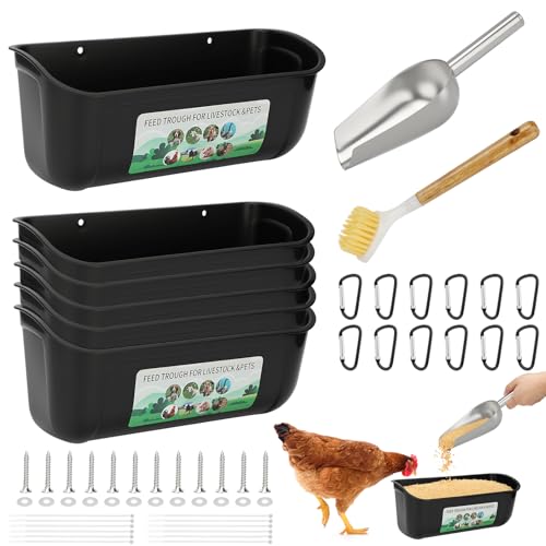 6 Pack Fence Feed Feeder 4.5 Quart Hanging Chicken Feeder Trough with Brush & Scoop Black Goat Hanging Fence Feeders Feeder with Hooks Screws & Zip Tie for Livestock Feeding Container Goats Supplies - color: Black, size: 6 Pack