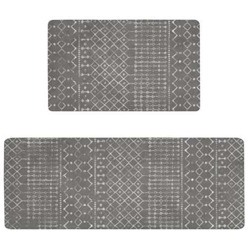 Boho Kitchen Mats for Floor, 2PCs, 17.3"x47"+17.3"x29", Dark Grey | Modern Rustic Farmhouse Decor, Non Slip Anti Fatigue Comfort Washable Waterproof Rugs for Home, Sink, Laundry - color: Dark Grey