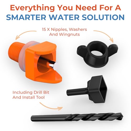 Lil'Clucker Horizontal Chicken Waterer Nipples, Pack of 15 Chicken Nipple Waterer with Drill Bits, Easy Install Automatic Chicken Waterer System, No Leak Chicken Water Feeder, Poultry Waterer - Orange - color: Orange