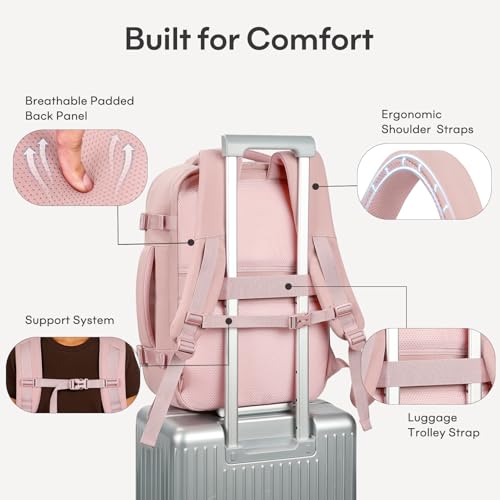 30L Travel Backpack for Women & Men: Flight Approved Carry On Backpack, TSA Personal Item Bag with Water Bottle Pocket, Weekender Essentials Backpacks fits 15.6" Laptop - Pink - color: Pink, size: Large