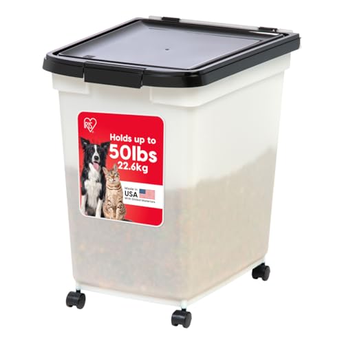 IRIS USA Dog Food Storage Container, Up to 50 lbs, Pearl/Black, Made in USA | Wheels for Mobility, Airtight Seal, BPA-Free, Best for Bird Seed, Cat food, Cat Litter, Chicken Feed, Pellets - color: Pearl/Black, size: 50 lbs