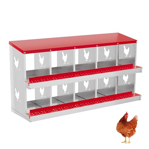 10-Hole Chicken Nesting Box, Rustproof Galvanized Steel Roll-Out Egg Collection with Vented Design, Laying Box for Hens, Poultry Coop Accessories for Egg Layers - color: red, size: 53.5"L x 16.9"W x 26.6"H