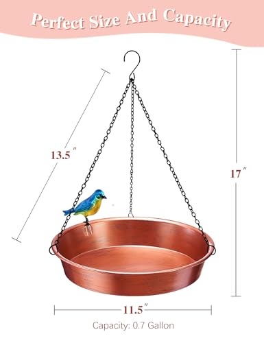 Hanging Bird Bath for Outside, 11.5” Antique Copper Metal Birdbath Bowl & Feeder with Black Chain for Outdoor Garden Yard Decor (0.7 Gallon) - color: Antique Copper Finish