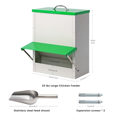 25lb Automatic Chicken Feeders Metal Poultry Feeder no Waste Large Chicken Coop Feeders with Lid Hanging Chicken Feeder Trough for Quail Chickens Ducks Feeder Outside Waterproof Chicken Feeder