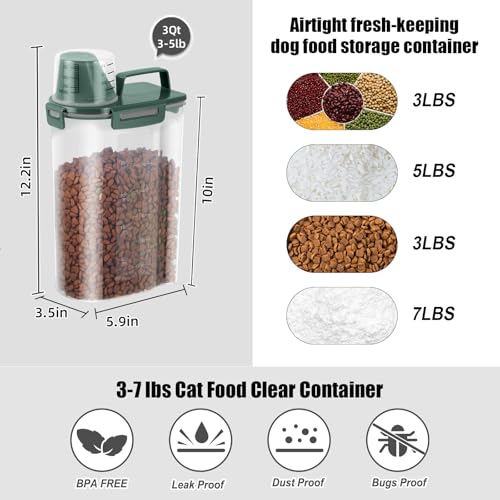 LEAWALK 3-5Lbs/3Qt Dog Cat Food Storage Container With Foldable Bowl, Plastic Pet Food Dispenser for Small Animal Kibble/Pet Food/Bird Seed/Oatmeal/Rice/Flour/Brown Sugart/Cereals (Dark Green) - color: Dark Green, size: 3L-1pack