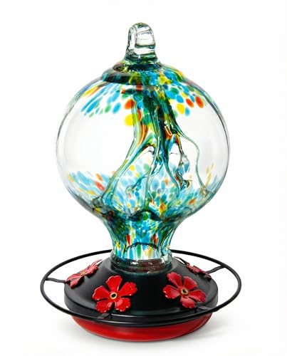 Hummingbird Feeder for Outdoors, 34 oz Hand-Blown Glass Bird Feeders | Decorative lnner Glass Humming Bird Feeder with Ant Moat Hook, Bee Guard Ports, Brush, Unique Garden Gift - color: Rainforest Blue