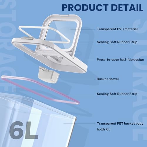 LEAWALK 6 Lbs Airtight Dog Cat Food Storage Container and Dog Treat Containers BPA-Free, PET Clear Stackable Pet Storage Bin, 1-Cup Scoop, 1-Sponge cleaning brush, Pop Top, With handle, Easy Mobility - color: Milky White 6L-A