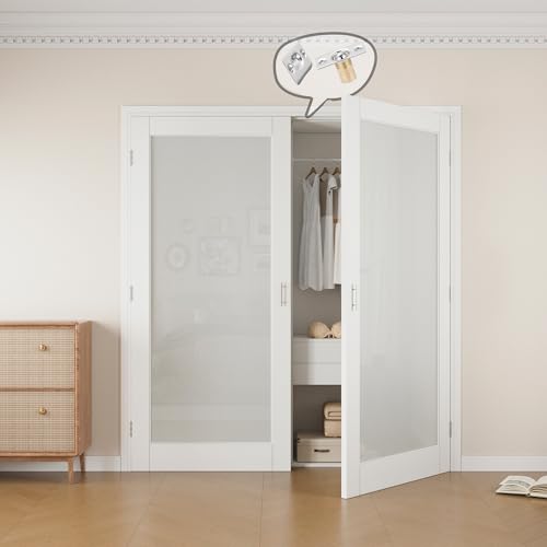 64x80 Interior French Door,1-Lite Frosted Glass Doors,DIY Prehung Room Door | Prefinished & Paintable Double Doors with Ball Catches & Hinges & Handles, Tempered Frosted Glass, Interior Swing Closet Door - color: Full Frosted Glass, size: 64" x 80"