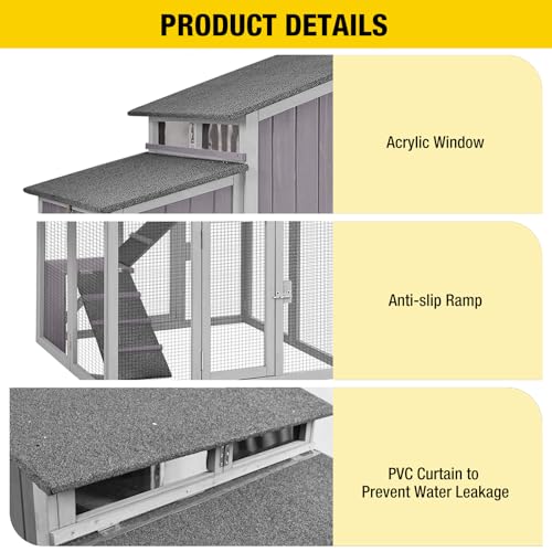 Large Chicken Coop, Wooden Chicken Coops with Nesting Boxes and Removable Tray, Waterproof Hen House with Asphalt Roof, Poultry Cage for Outdoor Backyard, Unique Folding Design - color: Grey, size: 69.8"L x 42.0"W x 54.6"H
