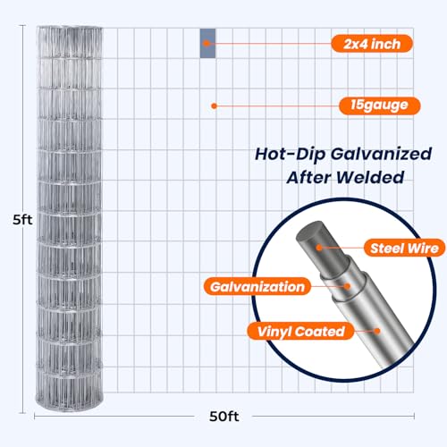 Galvanized Welded Wire Fence, 5Ft x 50Ft 15GA Garden Chicken Wire Fence Roll, Wire mesh Fence Size 2" x 4" Metal Fencing, Ideal for Animal Enclosures, Property Protection, Garden Fence, Rabbit Fence