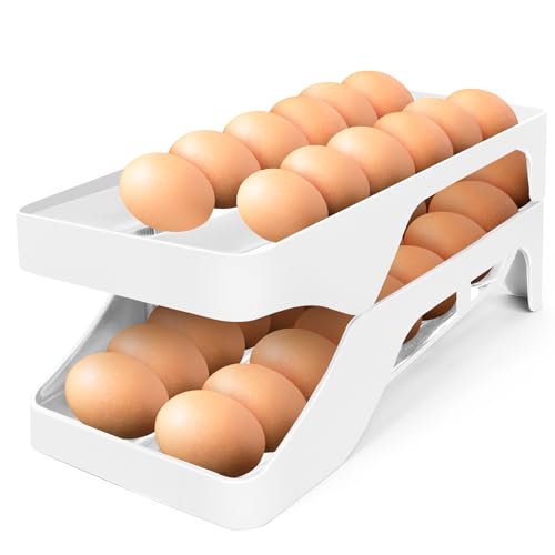 Egg Holder for Fridge Automatic Rolling Egg Dispenser for Refrigerator Kitchen Countertop - Space-saving Egg Roller/Organizer/Storage/Container/Tray for Fridge Double Track - color: Grey