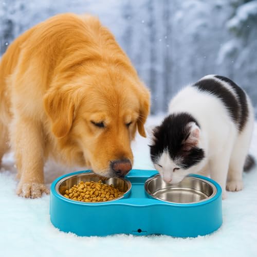 Heated Water Bowl, Double Stainless Steel Heated Dog Bowl for Outdoor Use, 46 OZ Total & Chew Proof Cord, Winter Warm Water & Food Bowl for Pets Bird Chicken UL Certified
