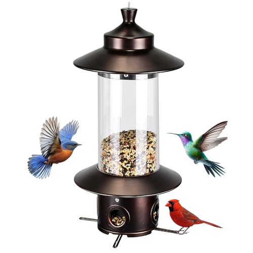 Squirrel Proof Bird Feeders for Outdoor: 4.8LB Large Capacity Hanging Bird Feeder, Weight-Activated Mechanism Wild Bird Feeders, Chew-Proof Metal Birdfeeder for Finch Cardinal Chickadee - color: Brown