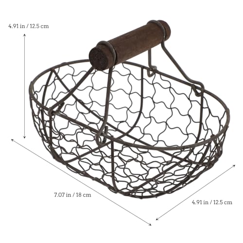Metal Wire Egg Basket for Gathering Fresh Eggs, 7 inch Rustic Egg Collecting Basket with Wooden Handles, Farmhouse Easter Kitchen Decor, Black Wire (Capacity: 10-12 Eggs)