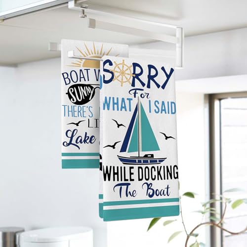 Nautical Lake House Kitchen Dish Towels Set of 2, Boat Waves Sunny | Days Sailboat Sunglasses Seagull Drying Hand Towel Baking Cooking Cloth, Funny Quotes Bathroom Home Decoration 18'' x 26'' - color: Daily-3