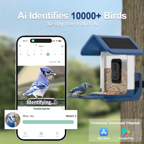 Bird Feeder with Camera Solar Powered : Smart Camera Bird Feeder 2K Live Feed Cam for Outdoor Backyard - Ai Identify Auto Capture Videos Pictures, Gifts for Birdlover Mom Dad, 2.6GHz WiFi - color: White Blue