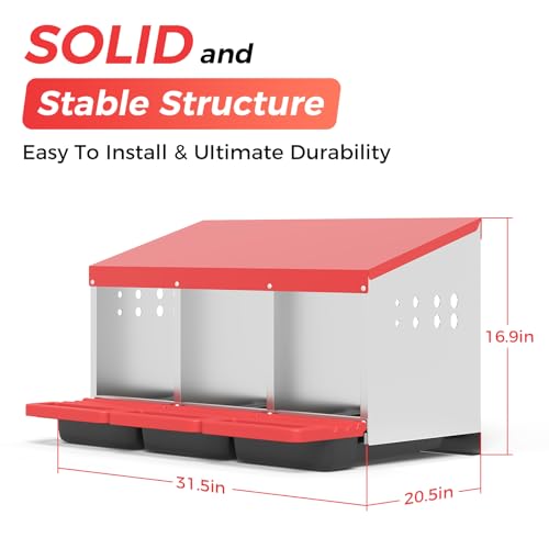 Chicken Nesting Boxes - 3 Hole Metal Nesting Boxes for Chickens, Roll Away Egg Laying Box with Lid, Egg Collection for Chicken Coop, Wall Mounted Nesting Boxes with Vented Holes for Hens, Duck, Red - color: RED, size: 3-Hole