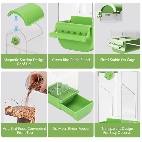 Yummy Sam No Mess Automatic Bird Feeder with Perch for Cage, Acrylic Transparent Bird Cage Feeder Parrot Seed Feeders Food Container Cage Accessories for Small Medium Birds Parrot Cockatoo Canary - color: Green