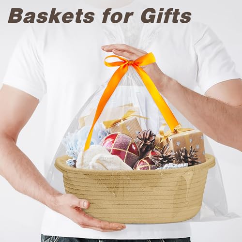 Pro Goleem Small Woven Basket with Gift Bags and Ribbons Durable Baskets for Gifts Empty Small Rope Basket for Storage 12"X 8" X 5" Baby Toy Basket with Handles, Khaki - color: khaki