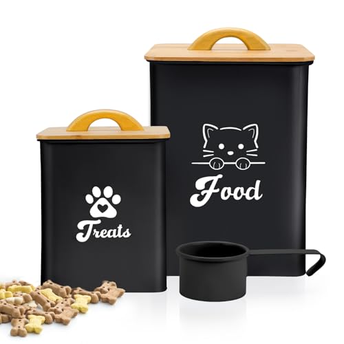 Cat Food Storage Container with Scoop, 2PCS Cat Food Storage Container with Lids Airtight, Cat Treat Jars for Kitchen Counter-7+3Lbs, Cat Cookie Jar for Storage, Black - color: Black