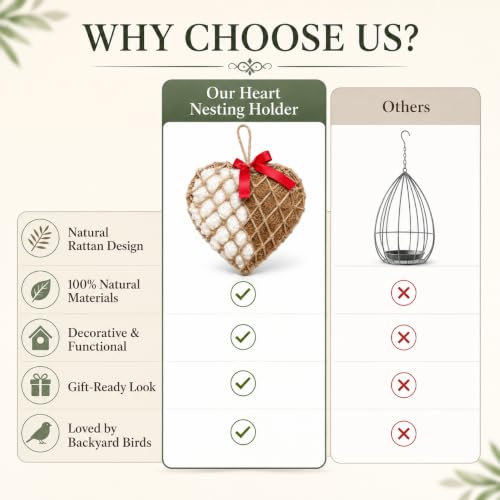 Bird Nesting Material Holder, Hanging Nesting Material Dispenser, Bird Nest Builder with Natural Cotton & Coconut Fiber, Heart Shaped Rattan Holder for Bluebirds, Chickadees, Finches