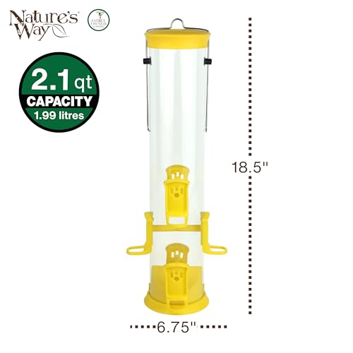 Nature's Way Large Plastic Thistle Tube Bird Feeder for Wild Birds and Outdoor Décor, 2.1 Quart Capacity, Six Ports, Easy-Clean Design, Yellow