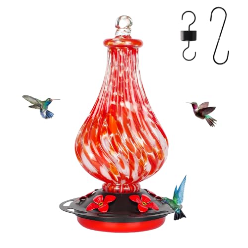 Glass Hummingbird Feeder,24oz Red Hand Blown Humming Bird Feeders for Outdoors Hanging with 5 Feeding Ports & Ant Moat, for Women Men,Hanging Garden Decor