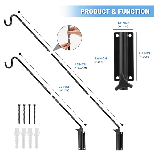 ERYTLLY 2 Packs Heavy Duty Deck Hook Wall Mounted, Extensible and Adjustable Deck Hook for Hanging Bird Feeder, Plants, Suet Baskets,Wind Chimes,Lanterns and More - size: Wall Pole - Adjustable Length - 2 Packs