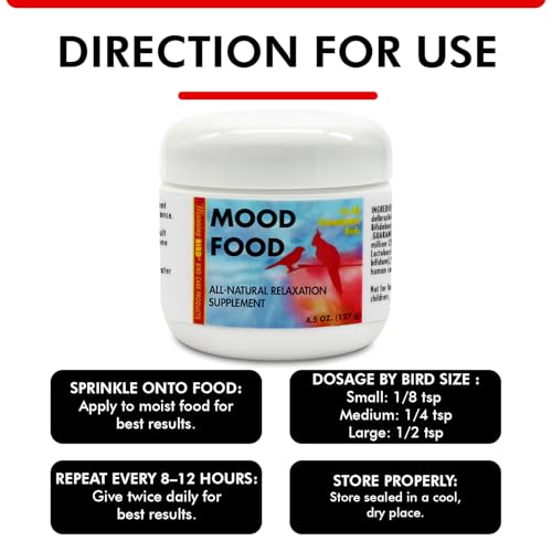 Mood Food 4.5 oz – Natural Calming Supplement for Birds – Non-Sedating Formula – Helps Reduce Stress, Aggression & Feather Plucking – Gentle Support with Amino Acids & B Vitamins - size: 4.5 Oz