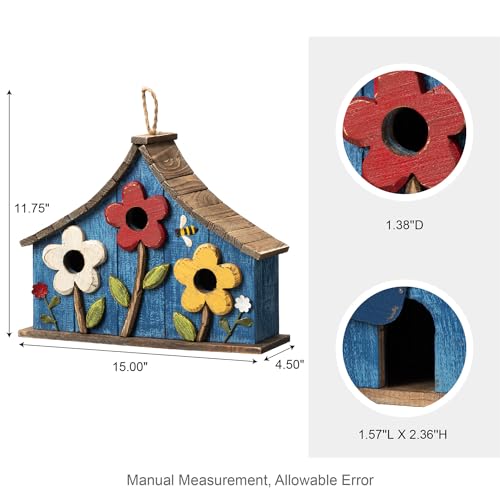 Glitzhome Bird Houses for Outdoors, 15" L Oversized Distressed Solid Wood Garden Hanging Birdhouse with 3D Flowers Three-Story Villa Decorative Hand-Painted Blue Bird Houses for Outside,Washed Blue - color: 15"L 3D Flowers Washed Blue