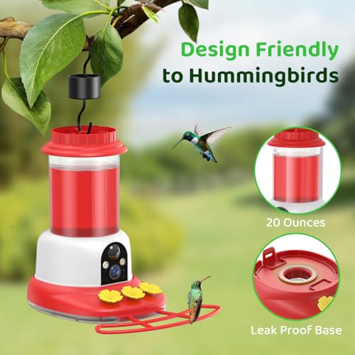 SEHMUA Smart Hummingbird Feeder with Camera, Solar Powered Bird Cam with 1 Year Trial AI Identify, Ant Moat & Bee Proof, Outdoor Hanging, Gift for Bird Watching - color: Red