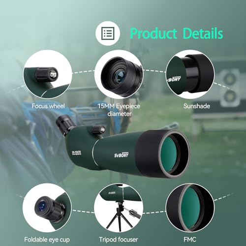 SVBONY SV28 Spotting Scope, Angled 25-75x70 with Tripod for Target Shooting | Spotter Scope, Beginner for Bird Watching, Wildlife, Clearly at 200 Yards, with Phone Adapter, Light Waterproof Fogproof - style: 25-75×70