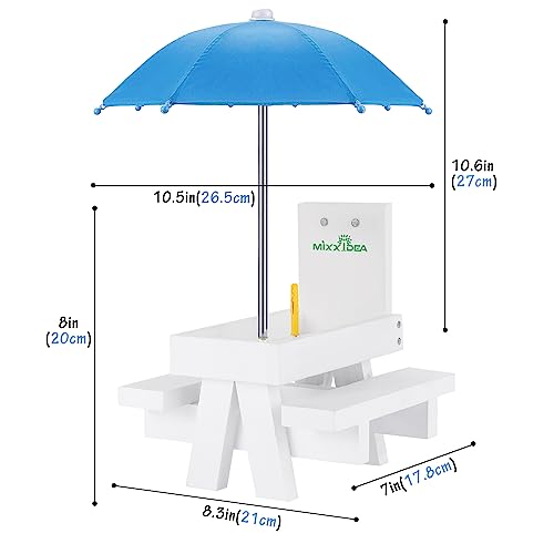 Squirrel Feeder Table with Umbrella, Wooden Squirrel Picnic Table Feeder, Durable Squirrel Feeder Corn Cob Holder, with Solid Structure and 2 x Thick Benches(White&Blue) - color: White&Blue