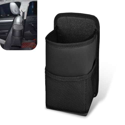 1 PC Car Water Bottle Bag, 9.8" x 5.51" Adjustable Strap Microfiber Leather Seat Side Hanging Large Capacity Cup Bag with Storage Net Pocket, Auto Multifunctional Accessories (Black)