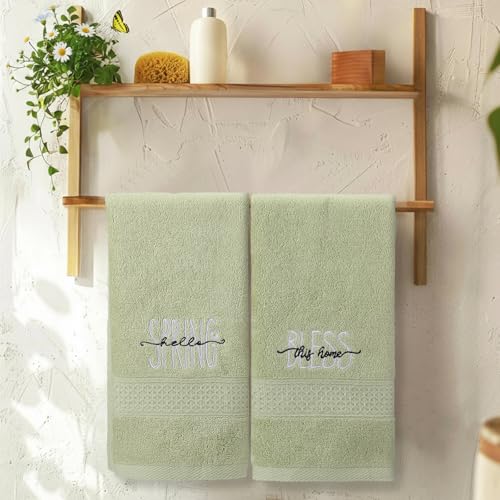 SmoothNovelty 2 Pcs Hello Spring Hand Towels for Bathroom Decor 14x29 Inch | Embroidered Bathroom Hand Towels, 100% Cotton, Soft Absorbent, Bless This Home, Bathroom Kitchen Decor - style: Hello Spring