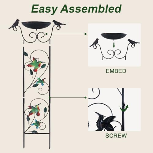 hogardeck 2 Pack 35” Metal Bird Bath with Garden Trellis for Climbing Plants Outdoor, Vintage Hummingbirds Decorative Birdbath, Garden Decor Metal Plant Support for Climbing Flowers - style: 2 Packs