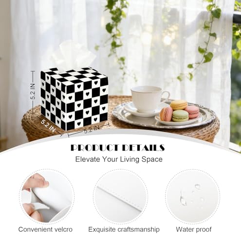 Checkerboard Heart Tissue Box Cover, PU Leather Holder Decor for Living Room/Bathroom/Kitchen, Gift for Style-Focused Homeowners, Gift for Goth Alternative Style Lovers & Self - Expression. - color: White Decoration Theme-04