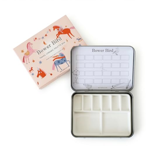 Bower Bird Travel Ceramic Watercolor Palette with Porcelain Mixing Tray, Metal Tin Box, White, 5.3x3.5x0.55 Inches, Portable Art Kit (8Well)