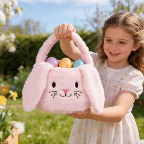 PRATIQUE Foldable Plush Easter Basket with Bunny Ears for Kids, Easter Egg Hunt Bucket with Handle, Cute Storage Bin for Candy, Toys & Gifts (Pink) - color: Pink